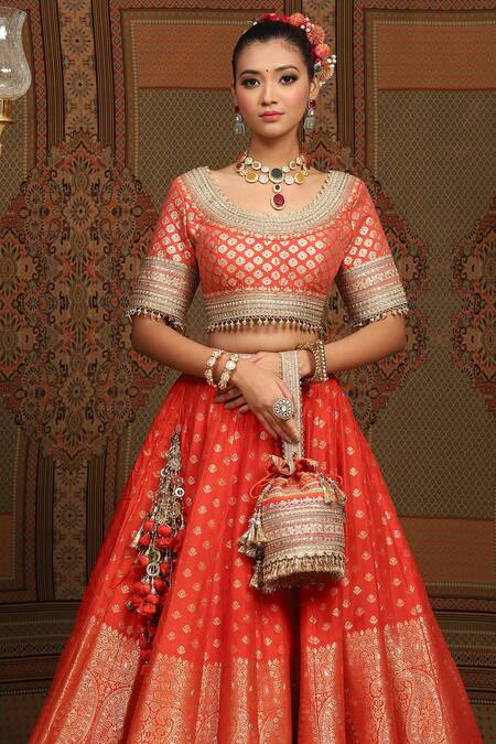 Buy_Shikhar Sharma_Orange Banarasi Paisley Woven Round Bridal Lehenga Set _Online_at_Aza_Fashions