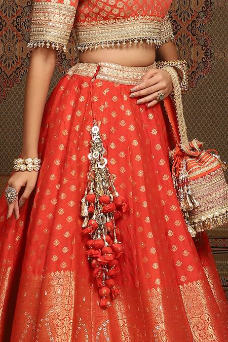 Shop_Shikhar Sharma_Orange Banarasi Paisley Woven Round Bridal Lehenga Set _Online_at_Aza_Fashions