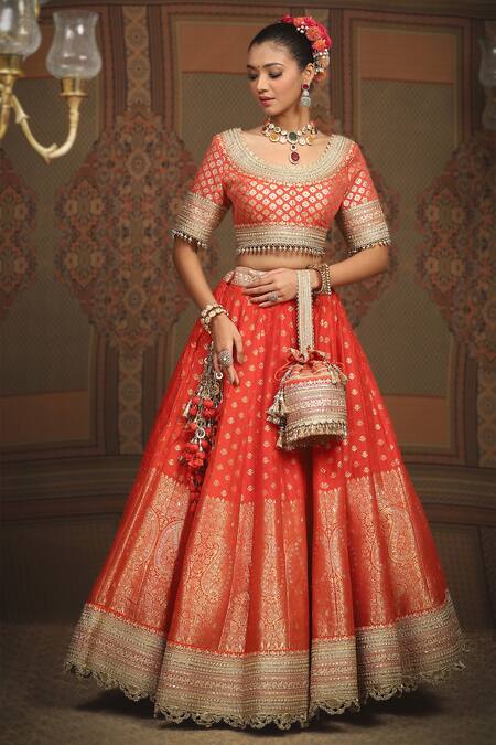 Shikhar Sharma_Orange Banarasi Paisley Woven Round Bridal Lehenga Set _at_Aza_Fashions