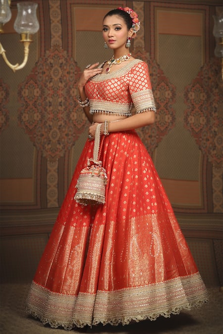 Buy_Shikhar Sharma_Orange Banarasi Paisley Woven Round Bridal Lehenga Set 