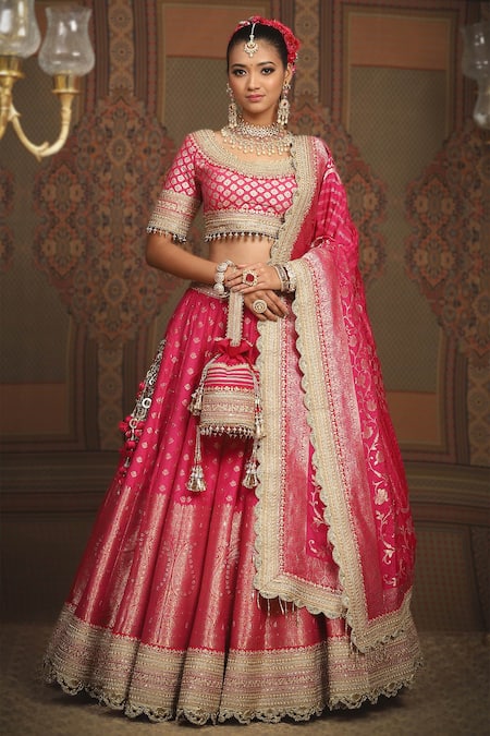 SHIKHAR SHARMA Pink Banarasi Paisley Woven Round And Floral Bridal Lehenga Set 