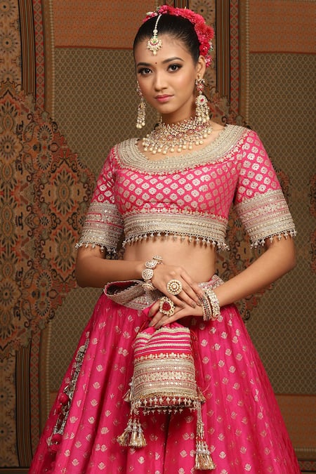 Buy_Shikhar Sharma_Pink Banarasi Paisley Woven Round And Floral Bridal Lehenga Set _Online_at_Aza_Fashions