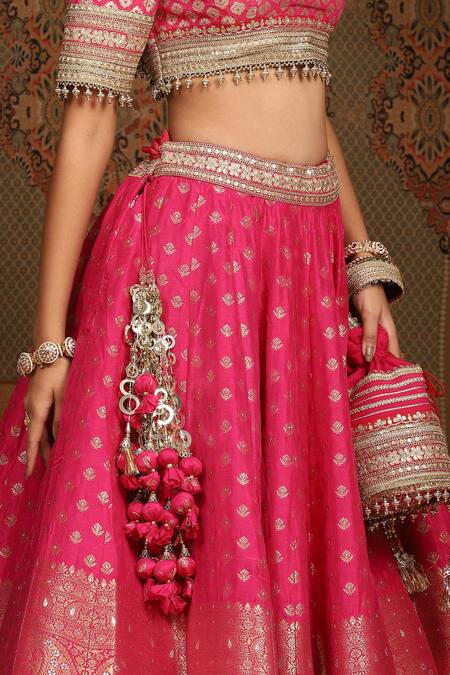 Shop_Shikhar Sharma_Pink Banarasi Paisley Woven Round And Floral Bridal Lehenga Set _Online_at_Aza_Fashions