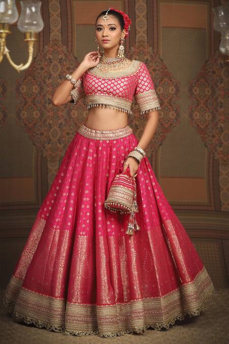 Shikhar Sharma_Pink Banarasi Paisley Woven Round And Floral Bridal Lehenga Set _at_Aza_Fashions