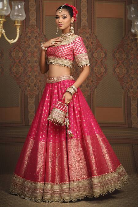 Buy_Shikhar Sharma_Pink Banarasi Paisley Woven Round And Floral Bridal Lehenga Set 