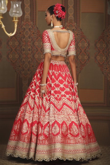 Shop_Shikhar Sharma_Red Brocade, Taffeta, Silk Embroidery, Beads Checkered Woven Bridal Lehenga Set _at_Aza_Fashions