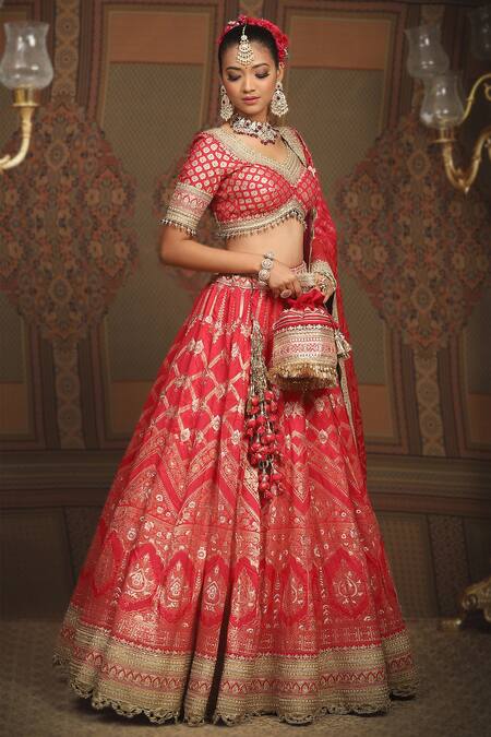 Shikhar Sharma_Red Brocade, Taffeta, Silk Embroidery, Beads Checkered Woven Bridal Lehenga Set _Online_at_Aza_Fashions