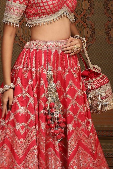 Shop_Shikhar Sharma_Red Brocade, Taffeta, Silk Embroidery, Beads Checkered Woven Bridal Lehenga Set _Online_at_Aza_Fashions