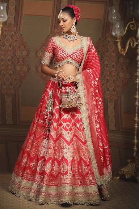 Shikhar Sharma_Red Brocade, Taffeta, Silk Embroidery, Beads Checkered Woven Bridal Lehenga Set _at_Aza_Fashions