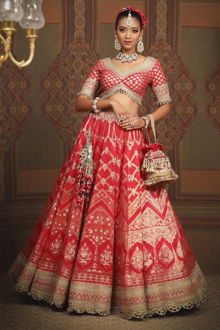Buy_Shikhar Sharma_Red Brocade, Taffeta, Silk Embroidery, Beads Checkered Woven Bridal Lehenga Set 