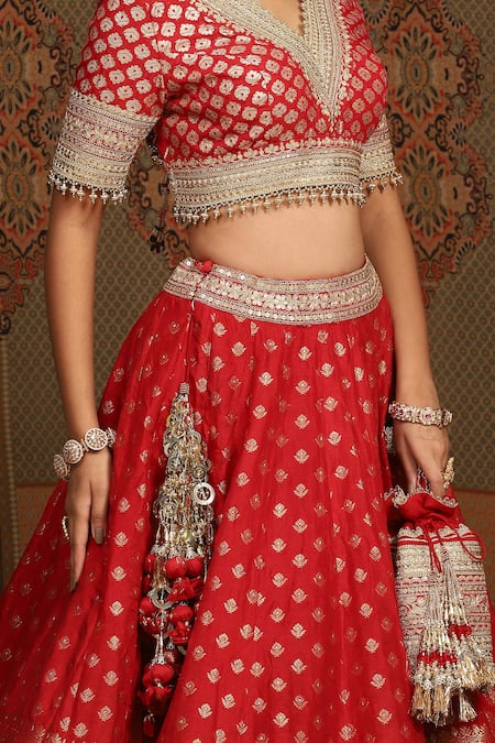 Shikhar Sharma_Red Brocade, Taffeta, Silk Sequins, Floral And Paisley Woven Bridal Lehenga Set _Online_at_Aza_Fashions