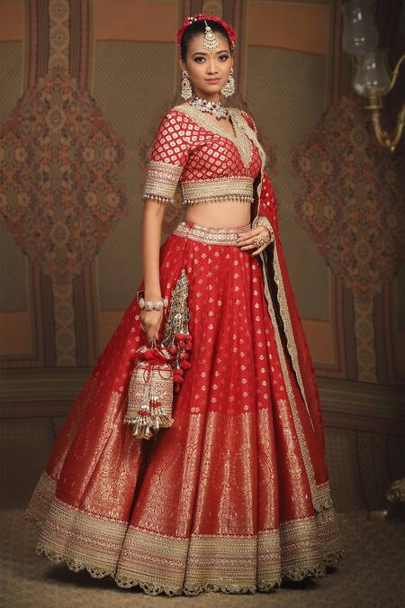 Buy_Shikhar Sharma_Red Brocade, Taffeta, Silk Sequins, Floral And Paisley Woven Bridal Lehenga Set _Online_at_Aza_Fashions