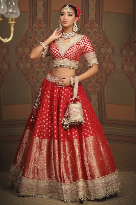 Shikhar Sharma_Red Brocade, Taffeta, Silk Sequins, Floral And Paisley Woven Bridal Lehenga Set _at_Aza_Fashions