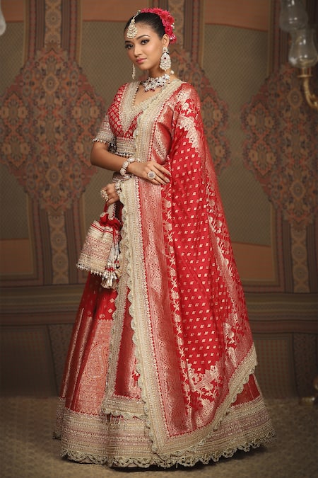 Buy_Shikhar Sharma_Red Brocade, Taffeta, Silk Sequins, Floral And Paisley Woven Bridal Lehenga Set 