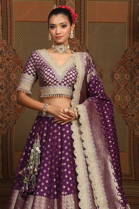 Shikhar Sharma Purple Brocade, Silk Tassels, Embroidery Banarasi Woven Bridal Lehenga Set at Aza Fashions Shikhar Sharma_Purple Brocade, Silk Tassels, Embroidery Banarasi Woven Bridal Lehenga Set _at_Aza_Fashions