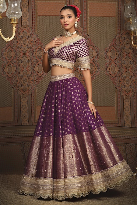 Shop Shikhar Sharma Purple Brocade, Silk Tassels, Embroidery Banarasi Woven Bridal Lehenga Set Shop_Shikhar Sharma_Purple Brocade, Silk Tassels, Embroidery Banarasi Woven Bridal Lehenga Set