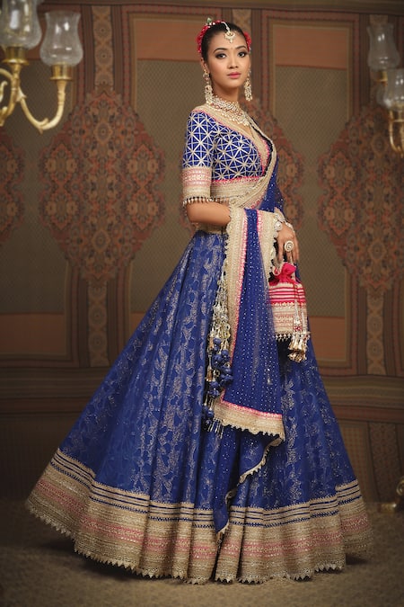 Shikhar Sharma_Blue Lehenga Cotton Shimmer Chanderi Embroidered Abstract Floral Pattern Set _Online_at_Aza_Fashions