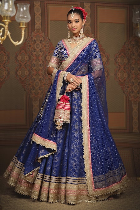 Buy_Shikhar Sharma_Blue Lehenga Cotton Shimmer Chanderi Embroidered Abstract Floral Pattern Set _Online_at_Aza_Fashions
