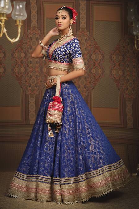 Shop_Shikhar Sharma_Blue Lehenga Cotton Shimmer Chanderi Embroidered Abstract Floral Pattern Set _Online_at_Aza_Fashions