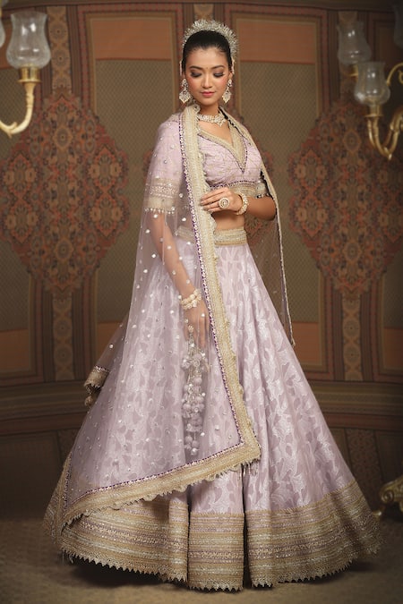 Buy Shikhar Sharma Purple Chanderi, Silk, Net Beads, Lace Abstract Floral Petal Pattern Lehenga Set Online at Aza Fashions Buy_Shikhar Sharma_Purple Chanderi, Silk, Net Beads, Lace Abstract Floral Petal Pattern Lehenga Set _Online_at_Aza_Fashions