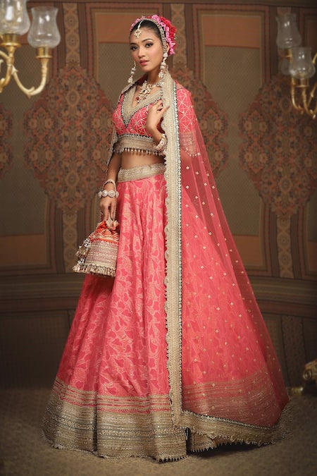 Buy_Shikhar Sharma_Pink Lehenga Cotton Shimmer Chanderi Flower Petal Abstract Pattern Set _Online_at_Aza_Fashions