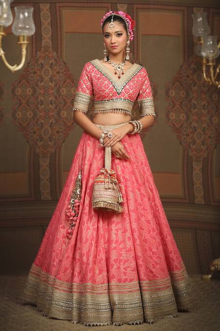 Shikhar Sharma_Pink Lehenga Cotton Shimmer Chanderi Flower Petal Abstract Pattern Set _at_Aza_Fashions
