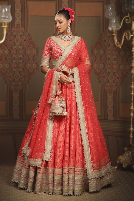 SHIKHAR SHARMA Red Lehenga Cotton Shimmer Chanderi Abstract Petal Pattern Bridal Set 