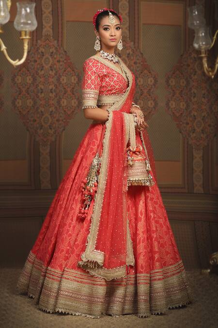 Shikhar Sharma Red Silk, Chanderi, Net, Abstract Petal Pattern Shimmer Bridal Lehenga Set Online at Aza Fashions Shikhar Sharma_Red Silk, Chanderi, Net, Abstract Petal Pattern Shimmer Bridal Lehenga Set _Online_at_Aza_Fashions