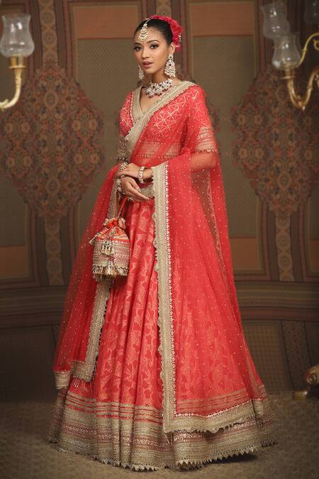 Buy Shikhar Sharma Red Silk, Chanderi, Net, Abstract Petal Pattern Shimmer Bridal Lehenga Set Online at Aza Fashions Buy_Shikhar Sharma_Red Silk, Chanderi, Net, Abstract Petal Pattern Shimmer Bridal Lehenga Set _Online_at_Aza_Fashions