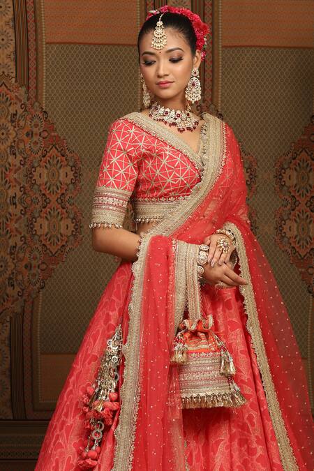 Shop Shikhar Sharma Red Silk, Chanderi, Net, Abstract Petal Pattern Shimmer Bridal Lehenga Set Online at Aza Fashions Shop_Shikhar Sharma_Red Silk, Chanderi, Net, Abstract Petal Pattern Shimmer Bridal Lehenga Set _Online_at_Aza_Fashions