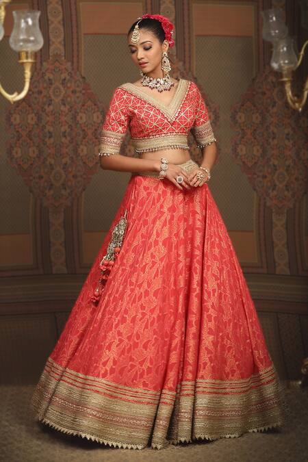 Shikhar Sharma Red Silk, Chanderi, Net, Abstract Petal Pattern Shimmer Bridal Lehenga Set at Aza Fashions Shikhar Sharma_Red Silk, Chanderi, Net, Abstract Petal Pattern Shimmer Bridal Lehenga Set _at_Aza_Fashions