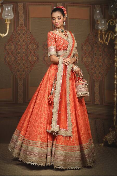Shikhar Sharma_Orange Lehenga Cotton Shimmer Abstract Floral Petal Pattern Bridal Set _Online_at_Aza_Fashions