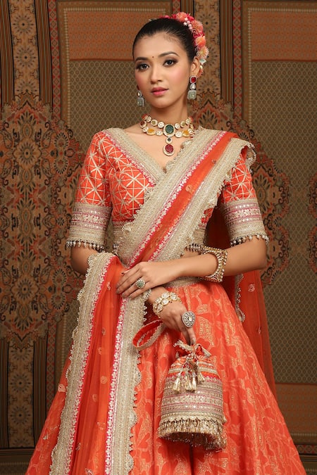 Buy_Shikhar Sharma_Orange Lehenga Cotton Shimmer Abstract Floral Petal Pattern Bridal Set _Online_at_Aza_Fashions