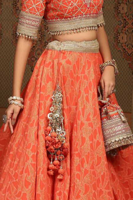 Shop_Shikhar Sharma_Orange Lehenga Cotton Shimmer Abstract Floral Petal Pattern Bridal Set _Online_at_Aza_Fashions