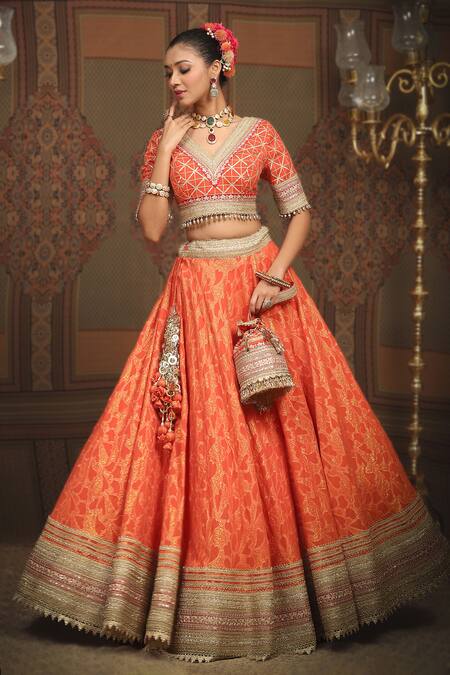 Shikhar Sharma_Orange Lehenga Cotton Shimmer Abstract Floral Petal Pattern Bridal Set _at_Aza_Fashions