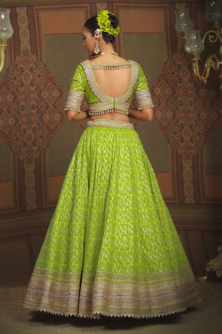 Shop Shikhar Sharma Green Lehenga Cotton Shimmer Chanderi Embroidered Gota Geometric Pattern Set at Aza Fashions Shop_Shikhar Sharma_Green Lehenga Cotton Shimmer Chanderi Embroidered Gota Geometric Pattern Set _at_Aza_Fashions