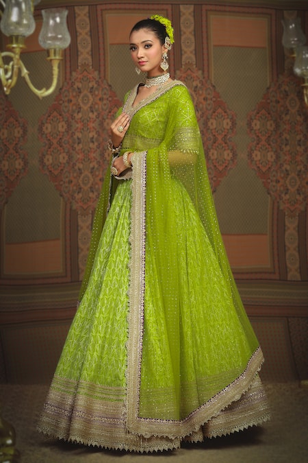 Shikhar Sharma Green Lehenga Cotton Shimmer Chanderi Embroidered Gota Geometric Pattern Set Online at Aza Fashions Shikhar Sharma_Green Lehenga Cotton Shimmer Chanderi Embroidered Gota Geometric Pattern Set _Online_at_Aza_Fashions