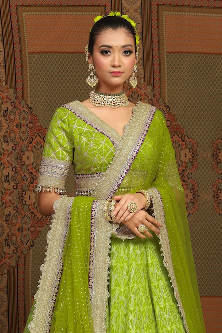 Buy Shikhar Sharma Green Lehenga Cotton Shimmer Chanderi Embroidered Gota Geometric Pattern Set Online at Aza Fashions Buy_Shikhar Sharma_Green Lehenga Cotton Shimmer Chanderi Embroidered Gota Geometric Pattern Set _Online_at_Aza_Fashions