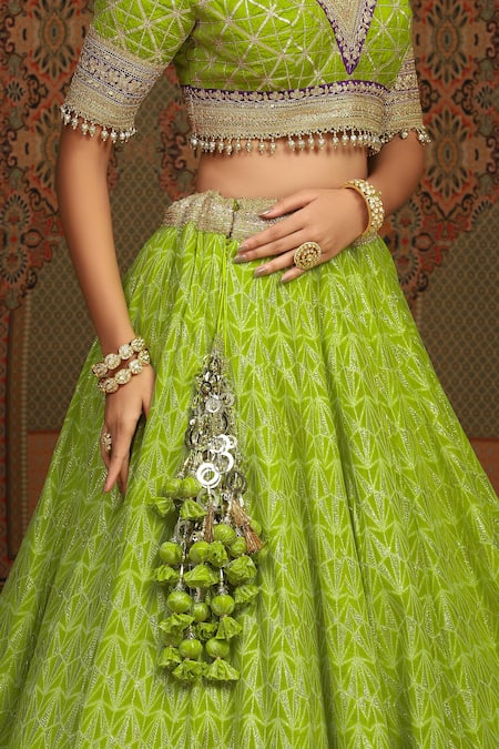 Shop Shikhar Sharma Green Lehenga Cotton Shimmer Chanderi Embroidered Gota Geometric Pattern Set Online at Aza Fashions Shop_Shikhar Sharma_Green Lehenga Cotton Shimmer Chanderi Embroidered Gota Geometric Pattern Set _Online_at_Aza_Fashions