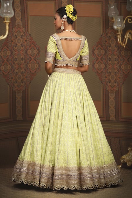 Shop Shikhar Sharma Green Lehenga Cotton Shimmer Chanderi Embroidered Gota Leaf Set at Aza Fashions Shop_Shikhar Sharma_Green Lehenga Cotton Shimmer Chanderi Embroidered Gota Leaf Set _at_Aza_Fashions