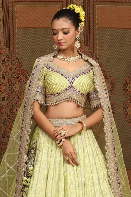 Shop Shikhar Sharma Green Lehenga Cotton Shimmer Chanderi Embroidered Gota Leaf Set Online at Aza Fashions Shop_Shikhar Sharma_Green Lehenga Cotton Shimmer Chanderi Embroidered Gota Leaf Set _Online_at_Aza_Fashions