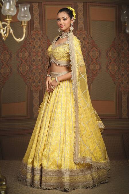 Shikhar Sharma_Yellow Lehenga Cotton Shimmer Chanderi Embroidered Gota Leaf Blouse Set _Online_at_Aza_Fashions