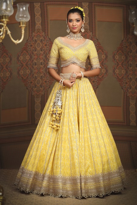 Shop_Shikhar Sharma_Yellow Lehenga Cotton Shimmer Chanderi Embroidered Gota Leaf Blouse Set _Online_at_Aza_Fashions