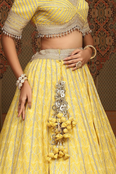 Shikhar Sharma_Yellow Lehenga Cotton Shimmer Chanderi Embroidered Gota Leaf Blouse Set _at_Aza_Fashions