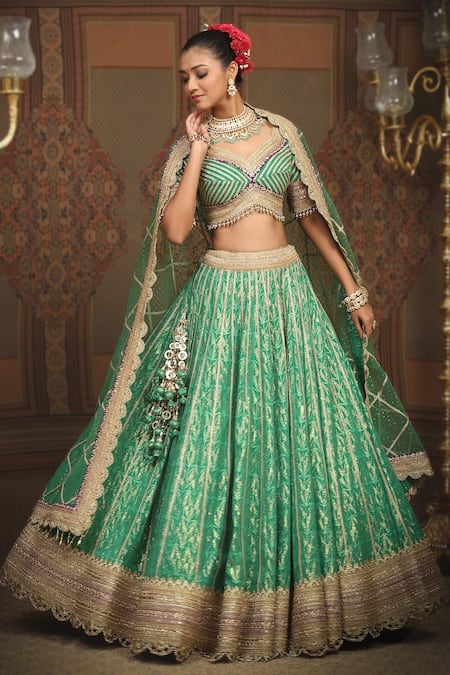 Marvelous Green Zari and sequins Embroidered organza semi stitched Roses  Printed Floral lehenga - MEGHALYA - 3796322