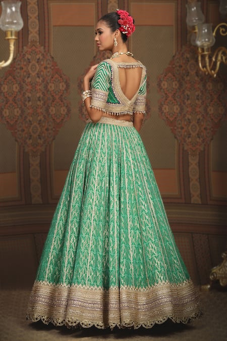 Shop Shikhar Sharma Green Lehenga Cotton Shimmer Chanderi Embroidered Gota Leaf Set at Aza Fashions Shop_Shikhar Sharma_Green Lehenga Cotton Shimmer Chanderi Embroidered Gota Leaf Set _at_Aza_Fashions