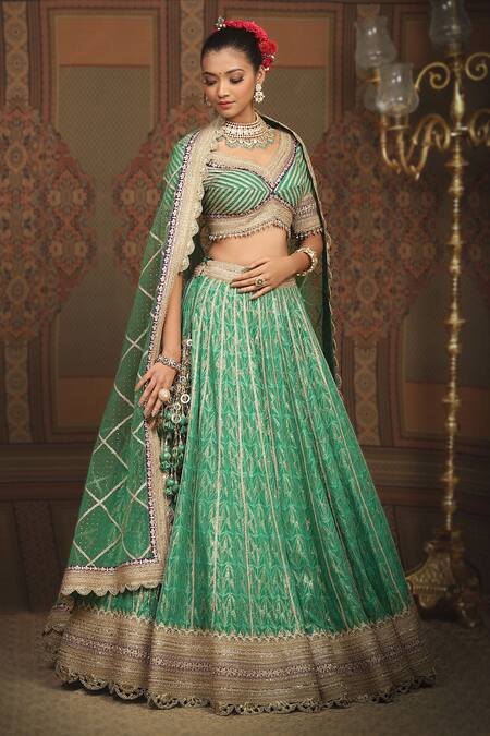 Shikhar Sharma Green Lehenga Cotton Shimmer Chanderi Embroidered Gota Leaf Set Online at Aza Fashions Shikhar Sharma_Green Lehenga Cotton Shimmer Chanderi Embroidered Gota Leaf Set _Online_at_Aza_Fashions