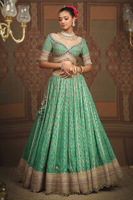 Buy Shikhar Sharma Green Lehenga Cotton Shimmer Chanderi Embroidered Gota Leaf Set Online at Aza Fashions Buy_Shikhar Sharma_Green Lehenga Cotton Shimmer Chanderi Embroidered Gota Leaf Set _Online_at_Aza_Fashions