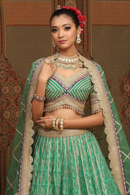 Shop Shikhar Sharma Green Lehenga Cotton Shimmer Chanderi Embroidered Gota Leaf Set Online at Aza Fashions Shop_Shikhar Sharma_Green Lehenga Cotton Shimmer Chanderi Embroidered Gota Leaf Set _Online_at_Aza_Fashions