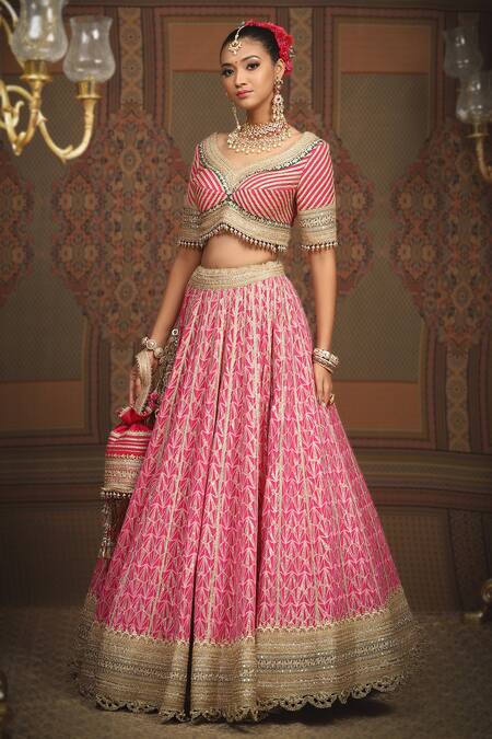 Shikhar Sharma Pink Lehenga Cotton Shimmer Chanderi Embroidered Gota Geometric Pattern Set Online at Aza Fashions Shikhar Sharma_Pink Lehenga Cotton Shimmer Chanderi Embroidered Gota Geometric Pattern Set _Online_at_Aza_Fashions